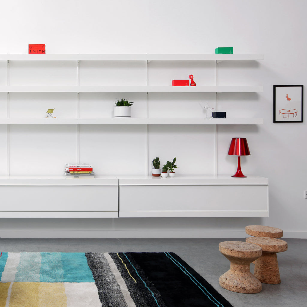 Dezeen Showroom: British brand ON&ON has added a made-to-measure desk, cabinet and clothes hanger components to its modular shelving system