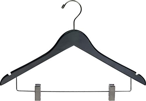 Black Wood Combo Hanger w/ Adjustable Cushion Clips, Box of 50 Space Saving 17 Inch Flat Wooden Hangers w/ Chrome Swivel Hook & Notches for Shirt Jacket or Dress by The Great American Hanger Company