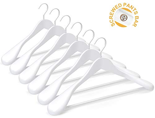 TOPIA HANGER Set of 6 White Luxury Wooden Coat Hangers, Wood Suit Hangers,Glossy Finish with Extra-Wide Shoulder, Thicker Chrome Hooks & Anti-Slip Bar CT02W