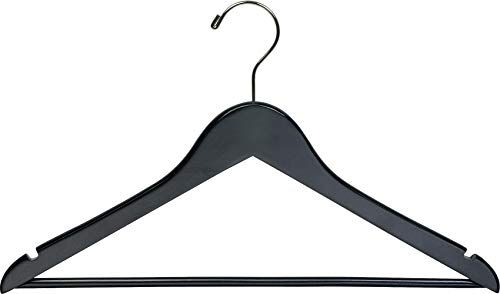 The Great American Hanger Company Black Wooden Suit Hangers with Solid Wood Bar, Box of 8 Space Saving Flat 17 Inch Hanger with Chrome Swivel Hook & Notches