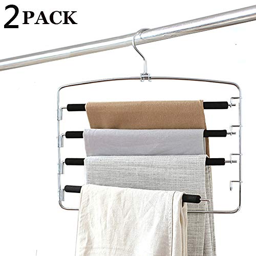 Clothes Pants Hangers 2pack - Multi Layers Metal Pant Slack Hangers,Foam Padded Swing Arm Pants Hangers Closet Storage Organizer for Pants Jeans Scarf Hanging (Black)