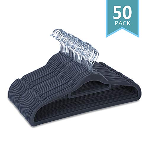 SMART ONYE Pack of 50 Non-Slips Velvet Hangers-Sturdy and Durable-Heavy Duty-Space Saving Velvet Suit Hangers with Tie Bar-360 Degree Swivel Hook-Notched Design for Tank Tops,Underwear and Dress-Gray