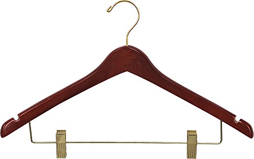 The Great American Hanger Company Curved Wood Combo Hanger w/Adjustable Cushion Clips, Box of 50 17 Inch Wooden Hangers w/Walnut Finish & Brass Swivel Hook & Notches for Shirt Jacket or Dress