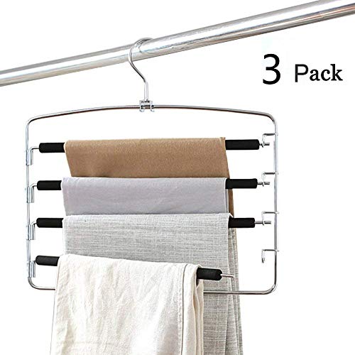 MEOKEY Pants Hangers Slacks Hangers Space Saving Non Slip Stainless Steel Clothes Hangers Closet Organizer for Pants Jeans Trousers Scarf (3-Pack)
