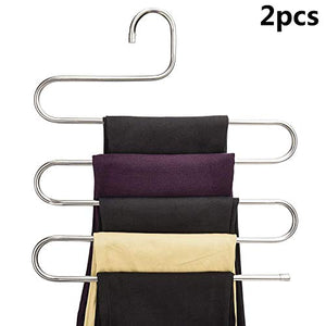 Vpang S-Type 5 Layers Stainless Steel Pants Hangers Trousers Storage Rack Jeans Clothes Ties Scarves Belts Organizer, Pack of 2 (Silver)