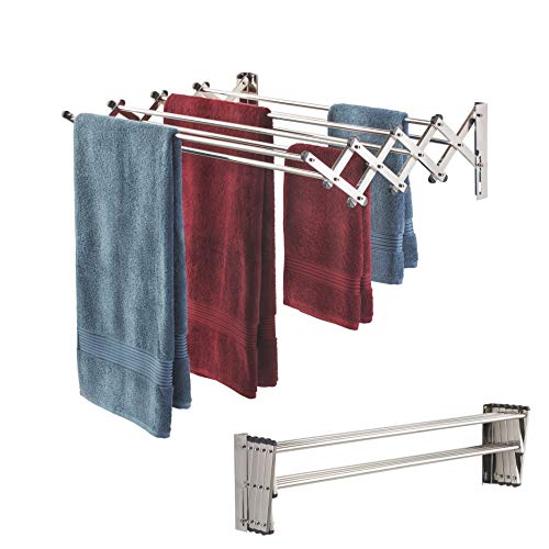 Smartsome Fold Away Clothes Rack: Stainless Steel Wall Mounted Laundry Drying Rack - 8 Rods, 22 Feet Capacity- Easy to Install Space Saver Design - 60 lb Capacity- Indoor and Outdoor Use