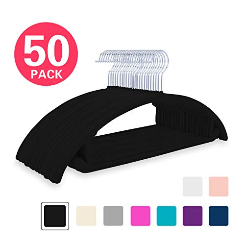 MIZGI Premium Velvet Hangers (Pack of 50) Heavyduty- Non Slip No Shoulder Bump Suit Hangers - Chrome Hooks,Space Saving Clothes Hangers,Rounded Hangers for Coat,Sweater,Jackets,Pants,Shirts (Black)