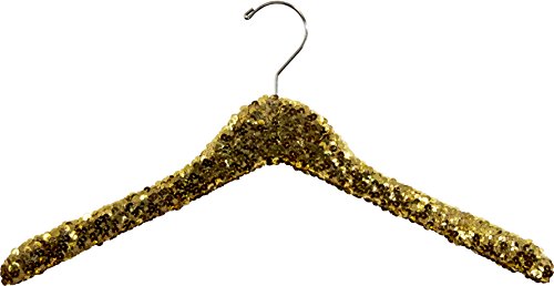 Gold Sequined Wooden Hanger, Curved 17 Inch Hanger with Hardwood Core and Polished Chrome Swivel Hook (Set of 3)