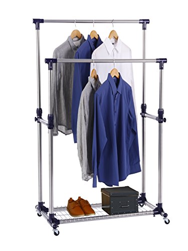 Finnhomy Double Rails Adjustable Free Standing Rolling Garment Rack Stainless Steel Clothing Portable Indoor Balcony Hanging Drying Stand Mobile Rack for Clothes Outdoor Sale Display with Caster Wheel