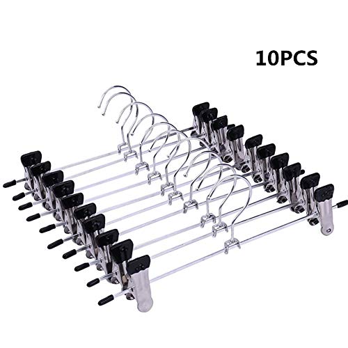 SaiDeng 10 Pcs Pants Hangers, Solid Lacquered Non Slip Trouser Hanger, Cloth Safe Lock Skirt Hangers, 360 Degree Swivel Hook