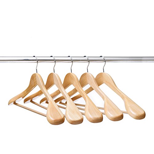 Ezihom Wood Suit Hangers with Extra Wide Shoulder, Solid Wood Coat Hangers with Natural Finish, Heavy Duty Wooden Hangers for Suit, Coat, Jacket with Non Slip Bar, 360 Swivel Chrome Hook, 5pcs