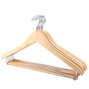 Tosnail 6 Pack Natural Wooden Suit Hangers, Wood Coat Hanger Pant Hanger with Locking Bar - Flat Construction for Space Saving