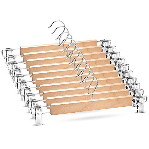 Bright Sun Quality Premium Wooden Skirt Hangers with Adjustable Clips (Pack of 10) Non-Slip #YHAS