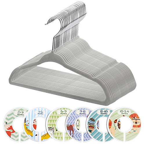 Minnebaby 30 Pack Neutral Grey Baby Clothes Velvet Hangers-Ultra Thin No Slip Nursery Hangers with 6 Pcs Baby Clothing Dividers