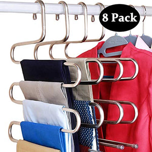 DOIOWN S-Type Stainless Steel Clothes Pants Hangers Closet Storage Organizer for Pants Jeans Scarf Hanging (14.17 x 14.96ins, Set of 3) (8-Pieces) (8 Pack- Silver)