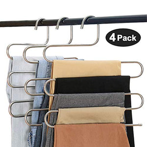 Eityilla S Type Clothes Pants Hangers Stainless Steel Space Saving Hangers 5 Layers Closet Storage Organizer for Jeans Trousers Tie Belt Scarf (4-Pieces)
