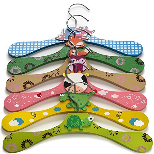 Booba Baby Kids and Baby Wooden Colorful Animal Shaped Clothes Hangers. 6 Pcs Set