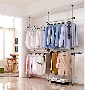 Estink Garment Rack, Portable Indoor Garment Hanger Tools Heavy-Duty Adjustable DIY Coat Hanger Clothes Wardrobe 3 Poles 4 Bars Home Hanging Rack