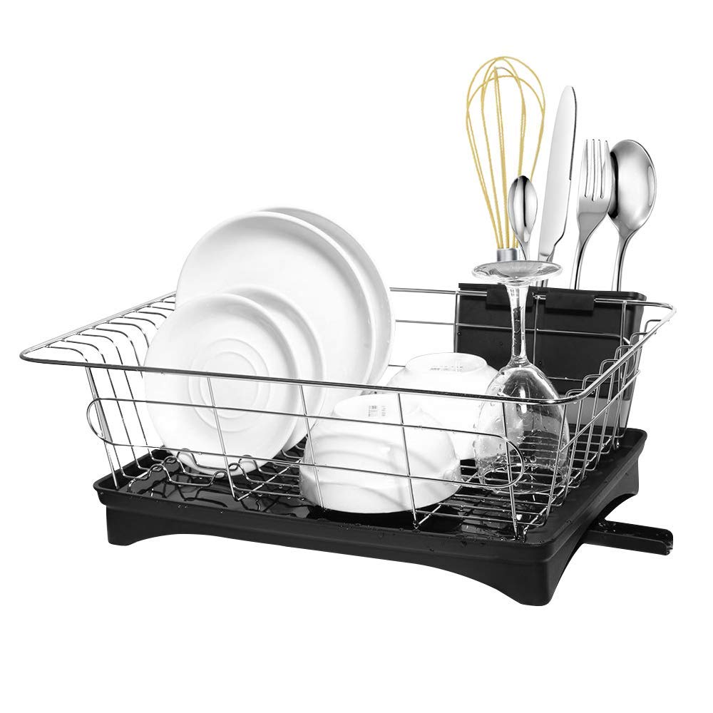 Dish Drying Rack, Dish Racks with Drain Board Utensil Holder Small Size Sturdy DrainBoard Set for Kitchen Counter Plate Dishes Drainer Dinnerware Storage Racks Stainless Steel -16.5 x 11 x 6 IN