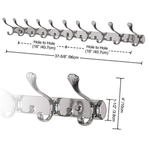 Dseap Wall Mounted Coat Rack Hook: 10-Hooks, 37-5/8” Long, 16” Hole to Hole, Heavy Duty, Stainless Steel, for Coat Hat Towel Robes Mudroom Bathroom Entryway (Seashell, Chromed, 2 Packs)